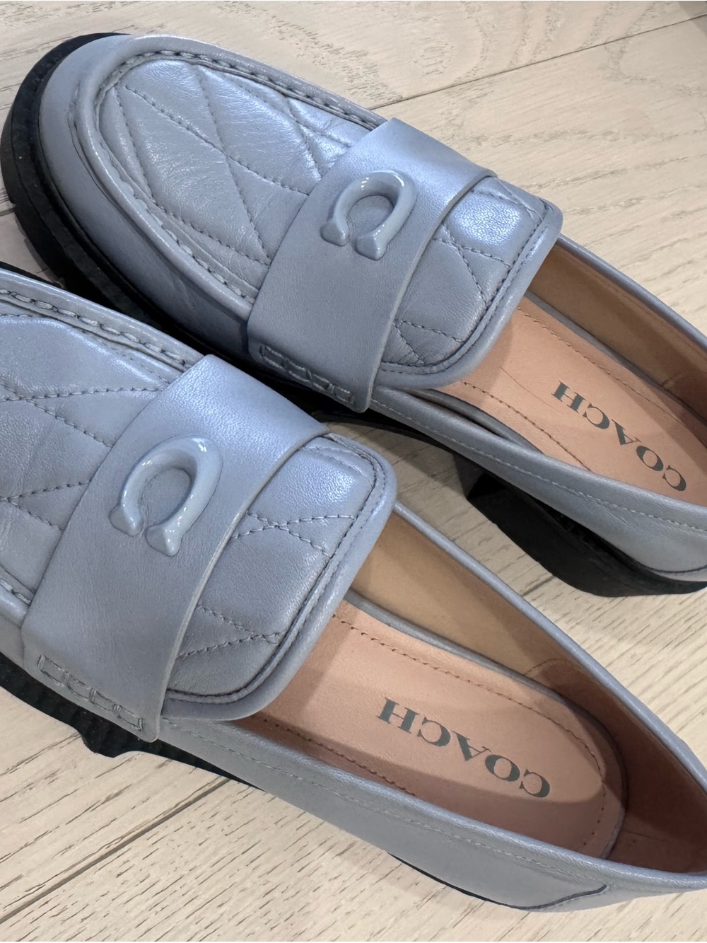 COACH Quilted Light Gray Leather Loafers